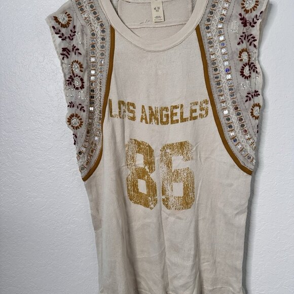 Free People We The Free Embellished  Tee Sequin Los Angeles 86 Size L Cream - Picture 2 of 7